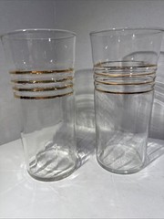 Set Of 2 Vintage Libbey Glass Tumblers Beveled Optic Gold Rings