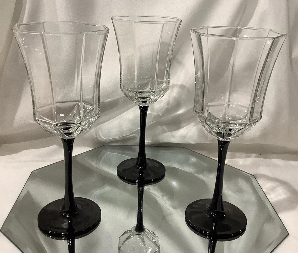 Luminarc Arcoroc France 8.25” Black Stem Octine Octagon Goblets – Set of 3
