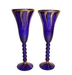2 Cobalt Blue Gilt Champagne Flutes – Vidreco Mediterranea Spain – Silvia Garcia