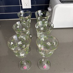 Six (6) Stemmed Goblets Beveled Glass With Daisy Design Made In Romania