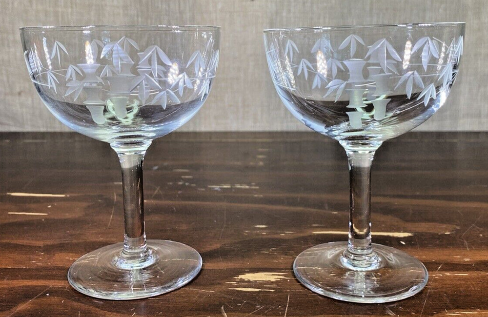 Set of 2 Vintage MCM Cut Glass Champagne Glasses Bamboo Pattern Barware