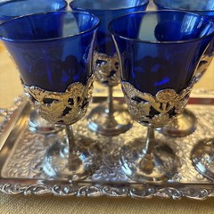 6 Vintage Cobalt Blue Glass, Silverplated Art Deco Base, Cordial Glasses 3 1/2”