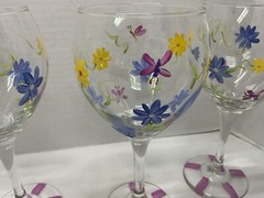 Hand Painted Clear Stemmed Goblets – Flowers & Dragonflies – 8.5” T – Preowned