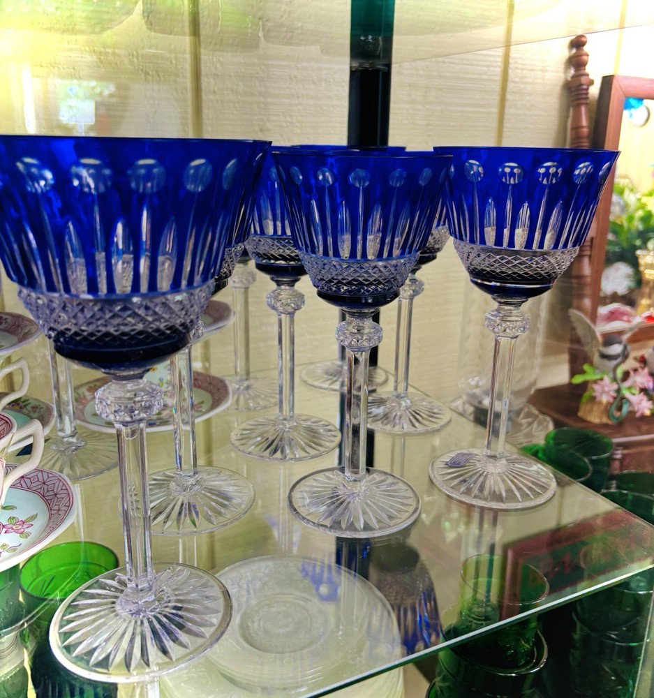 Vintage European Cobalt Blue Cut to Clear Crystal Hock Wine Glass Goblet