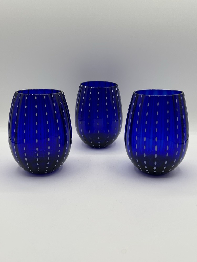 Set of 3 Zodax Art Deco Mavi Ribbed Cobalt Blue Opal Dot Stemless Wines – 16 oz