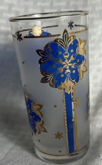 Libbey Frosted Blue & Gold Snowflake Tumbler Glass 12oz 1960s Vintage