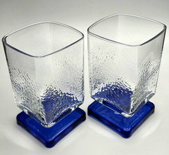 Vintage Bormioli Rocco 2-Cobalt Blue Square Pedestal Liqueur/Rocks Glasses 4″