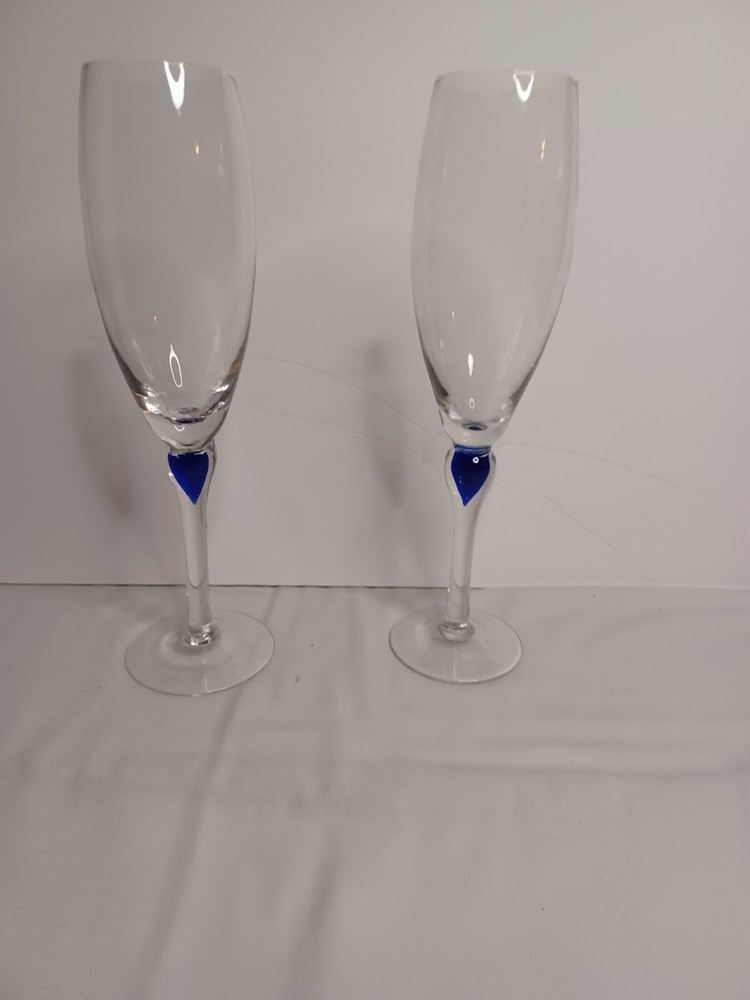 NICE!!! Cobalt Blue Teardrop Champagne Flutes Wine Glass lot 2 EUC
