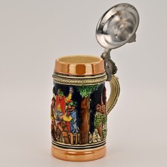 Original Vintage Signed German Ceramic Hand Painted Glazed Pewter Lid Beer Stein