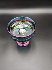 Vintage Blue Carnival Glass UV Glow 2pc Lot Kings Crown Compote & Grape Goblet
