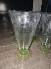 32 Piece Tiffin Etched Vaseline Glass Dinner Set – Lime Green Ribbed Stems RARE