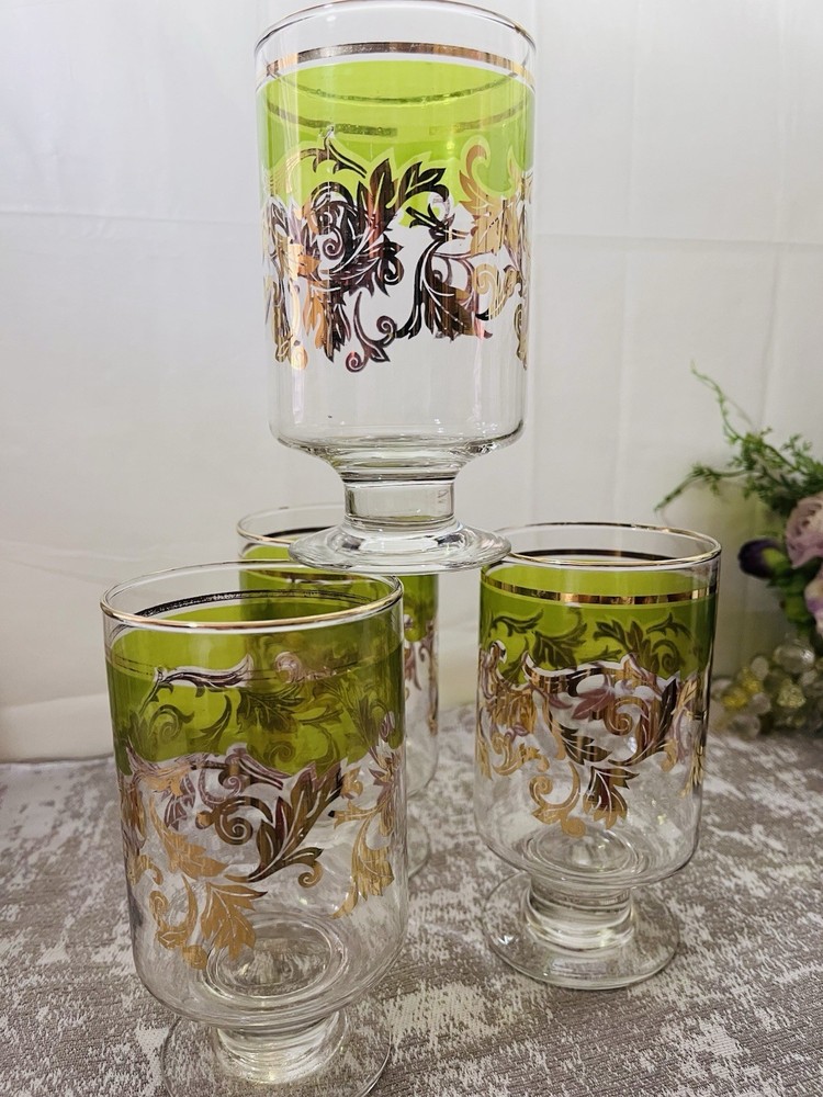 Vtg MCM Barware 4 Goblets Libby Green Gold Gilt Leaf Vine 70’s Highball Glasses