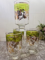 Vtg MCM Barware 4 Goblets Libby Green Gold Gilt Leaf Vine 70’s Highball Glasses