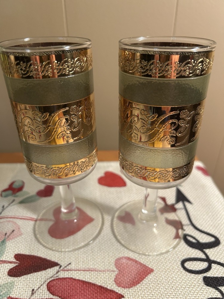 Cordial Glasses Set of Two. Olive Green and Gold Trim. Good Condition