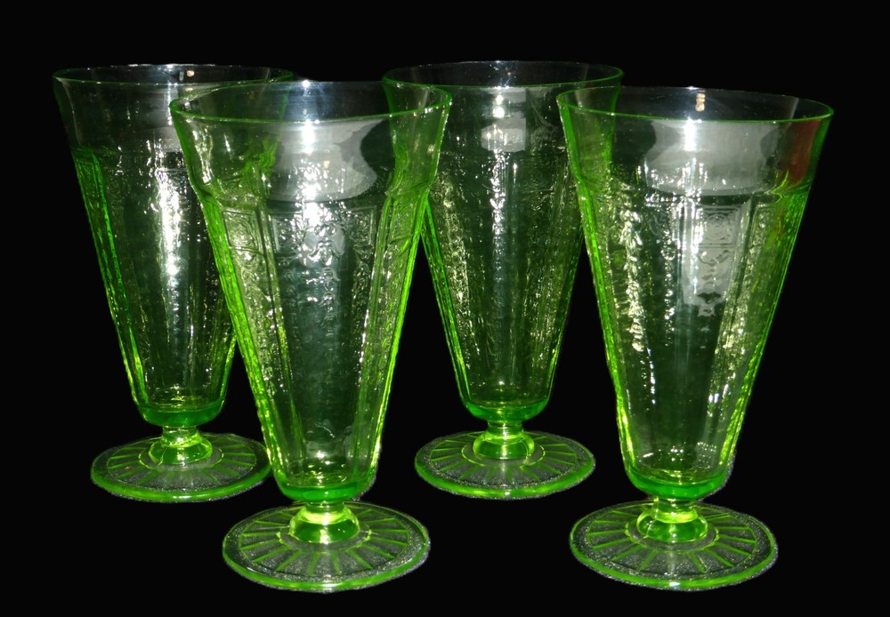 4 Hocking Princess Uranium Green Depression Glass Footed Ice Tea Tumblers 6 1/2″
