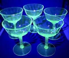 Vintage Uranium Vaseline Glass Stemware Set of 5 Glowing Green Optic Design