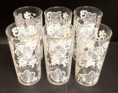 Lot of 6 Vintage Mid Century Modern Tumbler Glass w/ White Grapes & Leaves