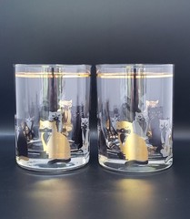 Set of Two (2) CULVER «CATS» Double Old-Fashioned Glassware 22k Gold Blk. Wht.