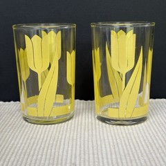 Vintage Libbey Yellow Tulips Flowers Floral Juice Glass MCM Set of 2