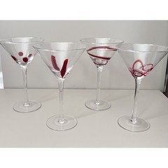 Set-4 Pier 1 Red Double Swirl Dots Martini Cosmopolitan Cocktail Glasses 8″
