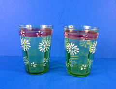2 EAPG Victorian Green Optic Ribbed Tumblers Sweet Enameled White Blue Flowers