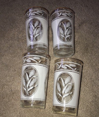 VTG Wheat Print Glass Drinking Glasses Set Of 4 Clear White Gold Trim