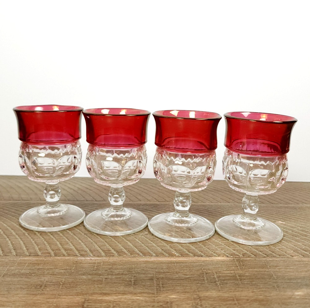 MCM Vintage Set Of 4 Ruby Red Flash Kings Crown Thumbprint Glass Cordial Goblets