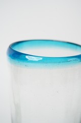Mexican Hand Blown Recycled Glass Aqua Blue Rim 6″ Tumblers Set of 3