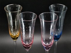 Set of 4 Block Crystal Multicolor Etched Fluted Champagne Flutes Mix Leaf & Dot