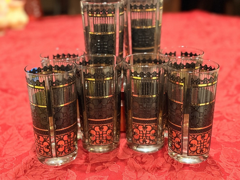 Intricate Vtg Signed Capri of California Black & Gold Highball Glasses Set of 6