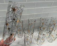 Set of 8 Tom Collins Cocktail Glasses Libbey Atomic Starburst Late 1950s MCM