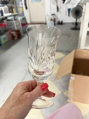 Set of 6 Cut Glass Stemmed Water Goblets 7” Fan Diamond Pattern 8 oz