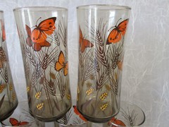 Set 11 Libbey Smoke Brown RETRO BUTTERFLIES 6.5″ tall Glasses Tumblers Butterfly