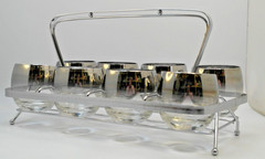 Vintage Roly Poly Glass Set of 8 with Caddy Dorothy Thorpe Style Silver Rim MCM!