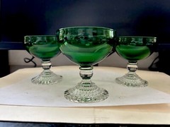 3 VINTAGE HOCKING GREEN CLEAR STEM BUBBLE FOOT CHAMPAGNE SHERBERT GOBLET GLASS