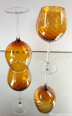 Vtg Amber Optic Swirl, 2 Large Bowl Balloon Wine Glasses Set, 9″ H, Blown Glass