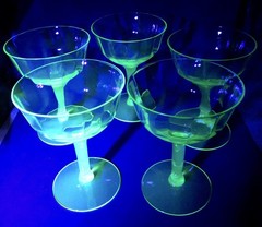 Vintage Uranium Vaseline Glass Stemware Set of 5 Glowing Green Optic Design