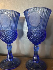 2 George Washington Fostoria Avon Bicentennial Wine Goblets Cobalt Blue