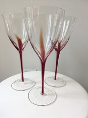 Set of Three Orange/Red Flame Glass Wine Glasses Hand Blown Art Glass