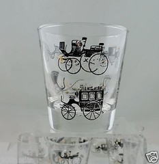 VINTAGE GOLD CLEAR BLACK WHITE CARRIAGE IMAGE BRANDY WHISKEY ROCK GLASS SET 6