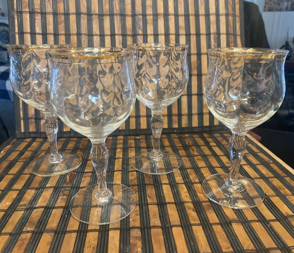 Beautiful Crystal Thumb Print and Gold Trim Stem Wine Glasses 4 Piece