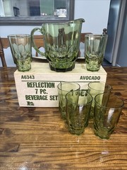Vintage Hazel Atlas Reflection Thumbprint Avocado Pitcher/glasses Set 6 MCM USA