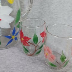 Vintage Bartlett Collins Juice Set Pitcher + 6 Glasses Hand Painted Floral MCM