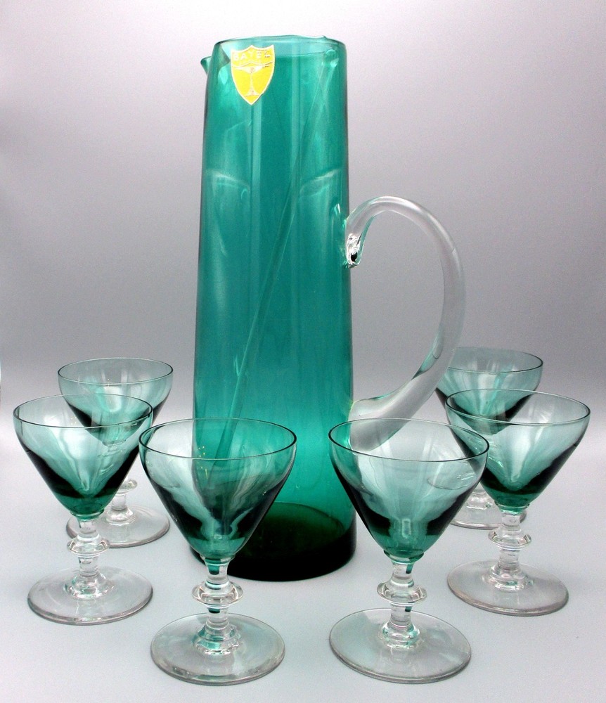 MCM Bayel France Emerald Green Crystal Martini Pitcher Set 6 Glasses Stirrer