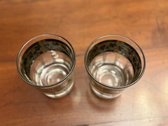 Vintage Cera Glass Golden Grapes Rocks Glasses Pair 22K Gold Green Mid Century