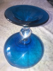 MCM Vintage EMPOLI Peacock BLUE Handblown GLASS Pedestal COMPOTE Bowl CANDY DISH