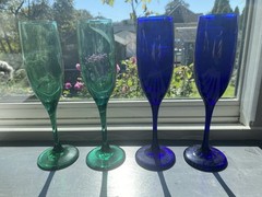 Vtg Lot Of 4 Libbey Cobalt Blue Emerald Green Glass Champagne Flutes 8 3/4″