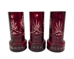 Set of 3 Ruby Red, cut-to-clear Bohemian Art Glass tumbler /Cordial glasses