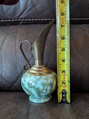 Vintage Delft Holland Brass and Marbled Robin Blue Hand Painted Pitcher Vase