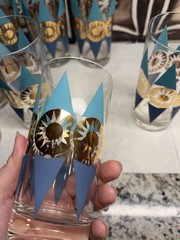 Set of 8 Federal Glass Nordica Turquoise & Gold Atomic Highball MCM Barware